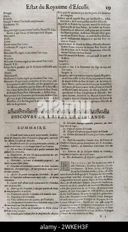 "Les Estats, Empires, Royaumes et Principautez du Monde" (die Staaten, Reiche, Königreiche und Fürstentümer der Welt), von D. T. V. Y. (Pierre d'Avity, 1573-1635). Erklärung des Staates Irland, Zusammenfassung. Ausgabe gedruckt in Genf von Samuel Chouët, 1665. Stockfoto