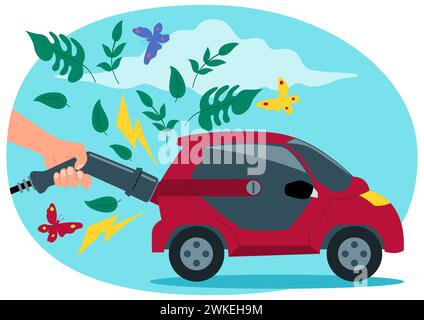 Beim Laden eines Elektroautos mit der Hand tauchen Blätter und Schmetterlinge aus dem Auspuff des Autos auf, Idee eines nachhaltigen Transportes. Grüne Energie, umweltfreundlich und Stock Vektor