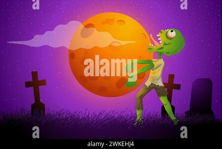 Verspielte Zeichentrickillustration eines Zombies, der in einer Vollmondnacht durch einen Friedhof schlendert, perfekt für Halloween-Themen, Kinderbücher, und Stock Vektor