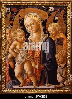 Madonna und Kind mit dem Johannesknaben und Engel (Tabernakel). Museum: Gallerie degli Uffizien, Florenz. Autor: Pseudo Pier Francesco Fiorentino. Stockfoto