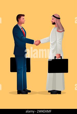 Vektor-Illustration eines arabischen Geschäftsmannes, der in einem festen Handschlag verwickelt ist. Symbolisiert den wachsenden Trend der Investitionen aus muslimischen Ländern und A Stock Vektor