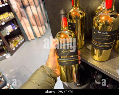 Paris, Frankreich - 21. Dezember 2023: Die männliche Hand hält eine Flasche Don Camillo Sangiovese Cabernet Sauvignon in einer charakteristischen Godel-Flasche, perfekt für besondere Anlässe und Feiern. Stockfoto