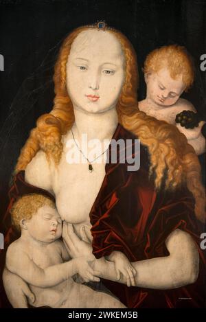 Jungfrau mit Kind und Engel. Museum: Staatliche Museen, Berlin. Autor: Hans Baldung (Baldung Grien). Stockfoto