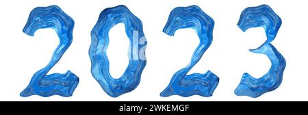 Konzept Konzept 2023 Jahre aus blauem Wasser mit Wellenschrift isoliert auf weißem Hintergrund. Eine abstrakte 3D-Illustration als Metapher für die Zukunft Stockfoto