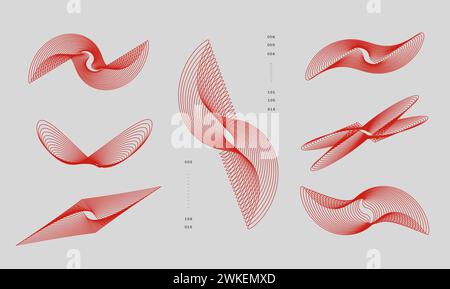 Abstrakte rote Linienart, die verschiedene aerodynamische Strömungsfelder auf weißem Hintergrund darstellt. Moderne Ästhetik, minimalistische Kunst. Stock Vektor