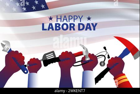 Hände halten Geräte und Werkzeuge stellen verschiedene Berufe dar, für Amerika Labor Day Poster oder Grußkarten Vorlage, Vektorillustration Stock Vektor