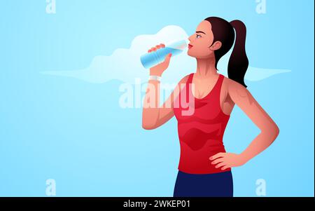 Illustration einer attraktiven jungen Frau, die nach dem Training Wasser trinkt. Erfrischen und verjüngen, Fitness, Wellness, Selbstpflege, gesunde Gewohnheiten, aktiv Stock Vektor