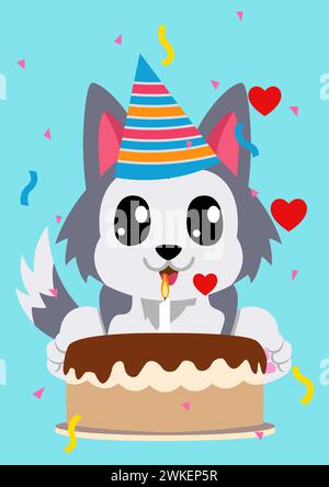 Feiern Sie Geburtstage mit dieser entzückenden flachen Vektor-Illustration mit einem entzückenden Zeichentrick Husky Hund, der einen Geburtstagshut trägt und davor sitzt Stock Vektor
