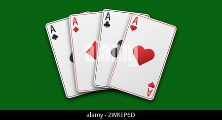 Fans von Karten mit Handspielen. Vier Asse mit dem Anzug aus Herzen, Schlägern, Diamanten und Pik. Vetor-Abbildung. Poker- oder Casino-Konzept. Grün spielt t Stock Vektor