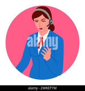 Clip-Art einer Kundendienstmitarbeiterin, die Kopfhörer trägt, das ideale Symbol für Callcenter, Support-Services und Online-Unterstützung Stock Vektor