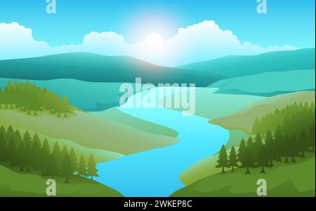 Schönheit der Natur mit dieser Illustration mit einer Berglandschaft. Der beschauliche Fluss, der sich durch die hohen Gipfel schlängelt, schafft einen faszinierenden Sc Stock Vektor