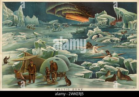 Chromolithographie - Arctic Zone von Levi W. Yaggy. 1893. Ursprünglich als Bildungshilfe herausgegeben, zeigt Inuits, arktische Tiere auf eisbedecktem Land, mit Eisbergen am See und Nordlichtern im Hintergrund. Stockfoto
