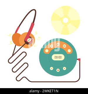 Tragbarer CD-Player, Kopfhörer, Disc. Farbige Vektorillustration im Stil der 90er Jahre. Weißer Hintergrund. Stock Vektor