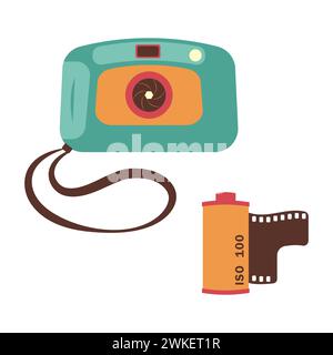 Kleine Amateurkamera und Film. Vektorillustration im Stil der 90er Jahre auf weißem Hintergrund. Stock Vektor