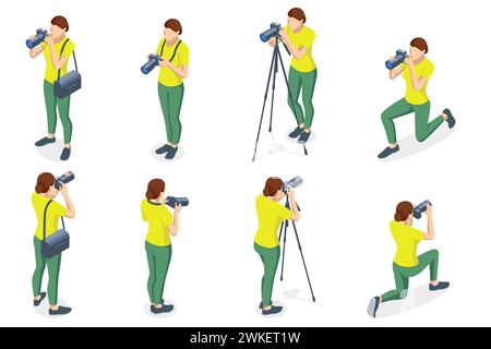 Isometrische Fotografin mit dslr-Kamera. Digitale Fotokamera. Home Hobbyarbeit, Lifestyle, Reisen, Menschenkonzept. Professioneller Fotograf. Stock Vektor