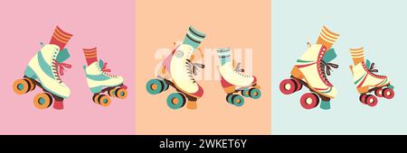 Ein Set Rollschuhe auf weiblichen Beinen mit langen Socken in Retro-Palette. Rollschuhe für Damen. Vektorillustration im Stil der 80er-90er Jahre. Stock Vektor