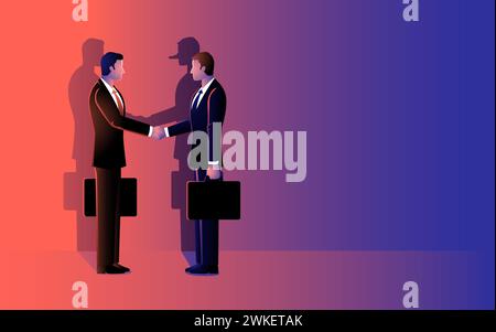 Der Schatten eines Geschäftsmannes mit langer Nase verwickelt sich mit einem anderen Geschäftsmann. Darstellung betrügerischer Geschäfte, versteckter Pläne, Geschäftsethik Stock Vektor