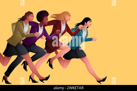 Vier Geschäftsfrauen, die unterschiedliche Ethnien vertreten, vereinen sich in einem entschlossenen Schritt nach vorne. Ideal für Projekte zur Förderung von Frauen in Wirtschaft und Kultur Stock Vektor