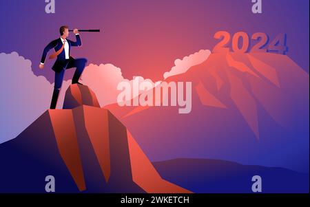 Geschäftsmann, der die Verschwommenheit des Jahres 2024 durch Teleskop, Prognose, Prognose im Geschäft, Vektorillustration betrachtet Stock Vektor