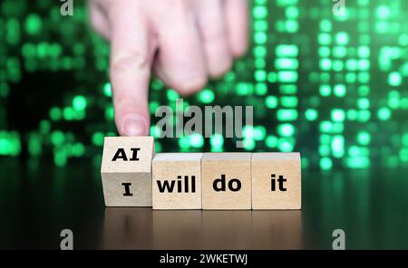Hand dreht Holzwürfel und ändert den Ausdruck „Ich werde es tun“ in „KI wird es tun“. Symbol für die Arbeit der künstlichen Intelligenz. Stockfoto