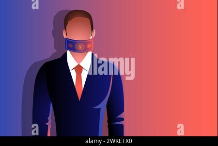 Der Mund eines Geschäftsmannes wird von einer Geldrechnung bedeckt, die das Bestechungs- und ethische Dilemmas symbolisiert. Darstellung von finanziellen Gewinnen, moralischer Integrität, Geschäftsethik Stock Vektor