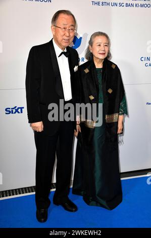 Ban Ki-moon mit Ehefrau Yoo Soon-taek bei der Cinema for Peace Gala 2024 im WECC - Westhafen Event & Convention Center. Berlin, 19.02.2024 Stockfoto