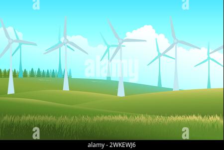 Vektordarstellung eines Energieparks für Windkraftanlagen. Eine fesselnde Darstellung von nachhaltiger Stromerzeugung und Umweltbewusstsein Stock Vektor