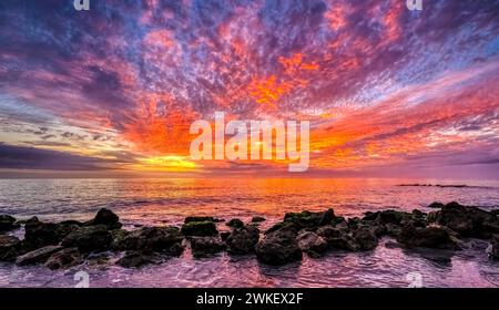 Leuchtend rote Wolken am Himmel bei Sonnenuntergang über dem Golf von Mexiko im Caspersen Baech in Venedig Florida USA Stockfoto