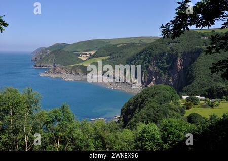 Ein Blick auf die Woody Bay vom South West Coast Path, der sich durch den Wald von Sessile Oak im Exmoor National Park in North Devon, England schlängelt. Stockfoto