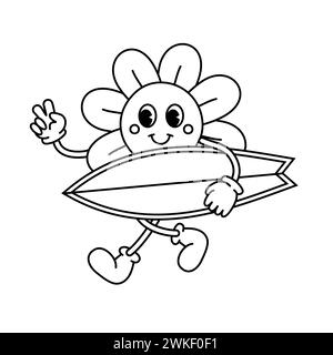 Vektor Retro groovy Cartoon Umrissblume mit Surfbrett isoliert auf weißem Hintergrund Stock Vektor