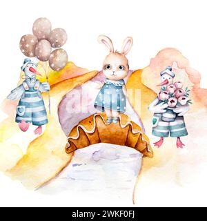 Lustige Gänse und ein süßes Kaninchen. Kinder Aquarell Illustration lustige Gänse und ein süßes Kaninchen. Aquarellillustration für Kinder Stockfoto