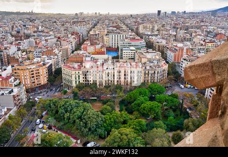 Vistas de la ciudad de Barcelona desde la Basilica de la Sagrada Familia, El Eixample, Barcelona, Katalonien, Spanien Stockfoto