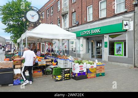 Market Stände Händler, der seinen für Obst und Gemüse lizenzierten Stallplatz auf dem Bürgersteig vor der Lloyds Bank unter der High Street Brentwood Essex UK bearbeitet Stockfoto