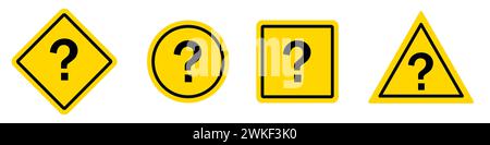 Satz gelber Straßenschilder mit Fragezeichen. Vektorsymbole in flacher Form auf weißem Hintergrund. Stock Vektor