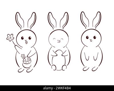 Niedliches Set mit Osterhasen im Line Art Stil. Kaninchen mit Blumen, Korb und Eiern. Vektorillustration auf weißem Hintergrund isoliert. Stock Vektor
