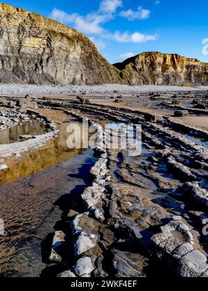 Klippen und erodierte Schichten aus Jurassic Lias Kalkstein am Nash Point an der Glamorgan Heritage Coast in Südwales Großbritannien Stockfoto