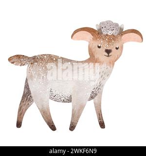 Nutztiere Aquarelllamm. Aquarellillustration eines Zeichentrickschafes. Niedliches Bauernhoftier isoliert auf weißem Hintergrund. Stockfoto