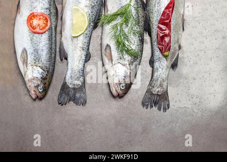 Rohe Fischforelle auf Metalltablett. Rosmarin- und Zitronenzweige, roter Pfeffer. Rostiger metallischer Hintergrund. Flache Lagen Stockfoto
