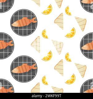 Nahtloses Muster, Fisch-Grill und Toast, Vektor. Zum Einpacken von Papier, Stoff, Background bbq Stock Vektor