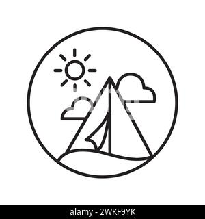 Schwarz-Weiß Tarp Camping Mit Sonne Und Wolkenlinie Symbol Stock Vektor