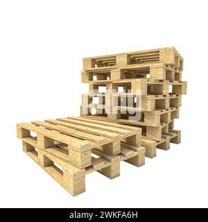 Stapel industrieller Holzpaletten auf weißem Hintergrund. 3D-Rendering Stockfoto