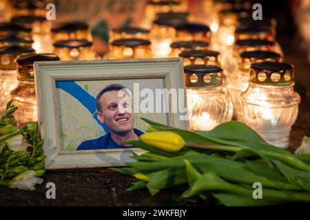 Blumen und Kerzen wurden zur spontanen Gedenkfeier für den russischen Oppositionsführer Alexej Nawalny gelegt, mit einem lächelnden Porträt, das von Schnee und Regentropfen nass war Stockfoto