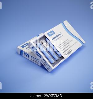 Zwei Packungen mit je 5 Dosierungspens eines fiktiven Semiglutin-Medikaments zur Gewichtsreduktion (Antidiabetika oder Anti-Adipositas-Medikament) auf einem Blau Stockfoto
