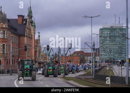 Polen. Februar 2024. Danzig, Polen Februar 2024 Landwirte blockieren Straßen im Stadtzentrum, während Traktoren langsam durch die überfüllten Straßen fahren, und sehen, wie Landwirte Straßen im ganzen Land blockieren, um die EU-Umweltpolitik und den unlauteren Wettbewerb aus nicht-EU-Ländern zu fordern. (Foto: Vadim Pacajev/SIPA USA) Credit: SIPA USA/Alamy Live News Stockfoto