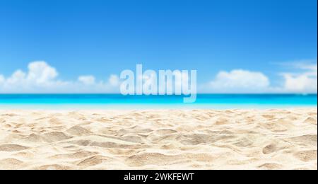 Wunderschöner weißer Sandstrand mit unscharfem Himmel als Hintergrund für den Urlaub im Sommer. Panorama des tropischen Strandes mit weißem Sand und türkisfarbenem Wasser. Reisen Sie im Sommer Stockfoto