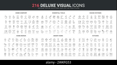 Smart Home und Ausstattung, Renovierung von Gebäuden und Dekorationslinien Symbole gesetzt. Küchenwerkzeuge, Küchengeräte und -Utensilien, Haushaltssysteme steuern dünne schwarze Symbole Vektorillustration Stock Vektor