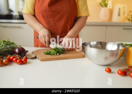 Nahaufnahme zugeschnittenes Bild eines weiblichen Schneidebretts, das Gemüse in der Küche schneidet und Mahlzeiten zuhause zubereitet. Vegetarische gesunde Ernährung Stockfoto