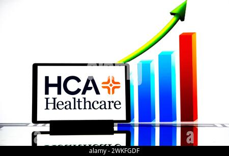 In dieser Fotoabbildung ist das Logo der Hospital Corporation of America (HCA Healthcare) auf einem Tablet zu sehen. Stockfoto