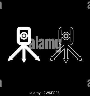 Theodolith-Vermessungsausrüstung für Messungen an Stativ-geodätischen Geräten Tacheometer Forschungsebene Instrument Geodäse Tool Set Symbol weißer Farbvektor Stock Vektor