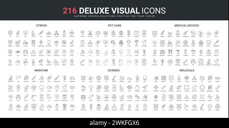 Medizin und medizinische Geräte für Krankenhaus-, Bildungs- und Wissenschaftslabor Forschung Linie Symbole Set. Tierärztliche Ausrüstung, Molekül- und DNA-Modelle, Behinderung dünne schwarze Symbole Vektor-Illustration Stock Vektor